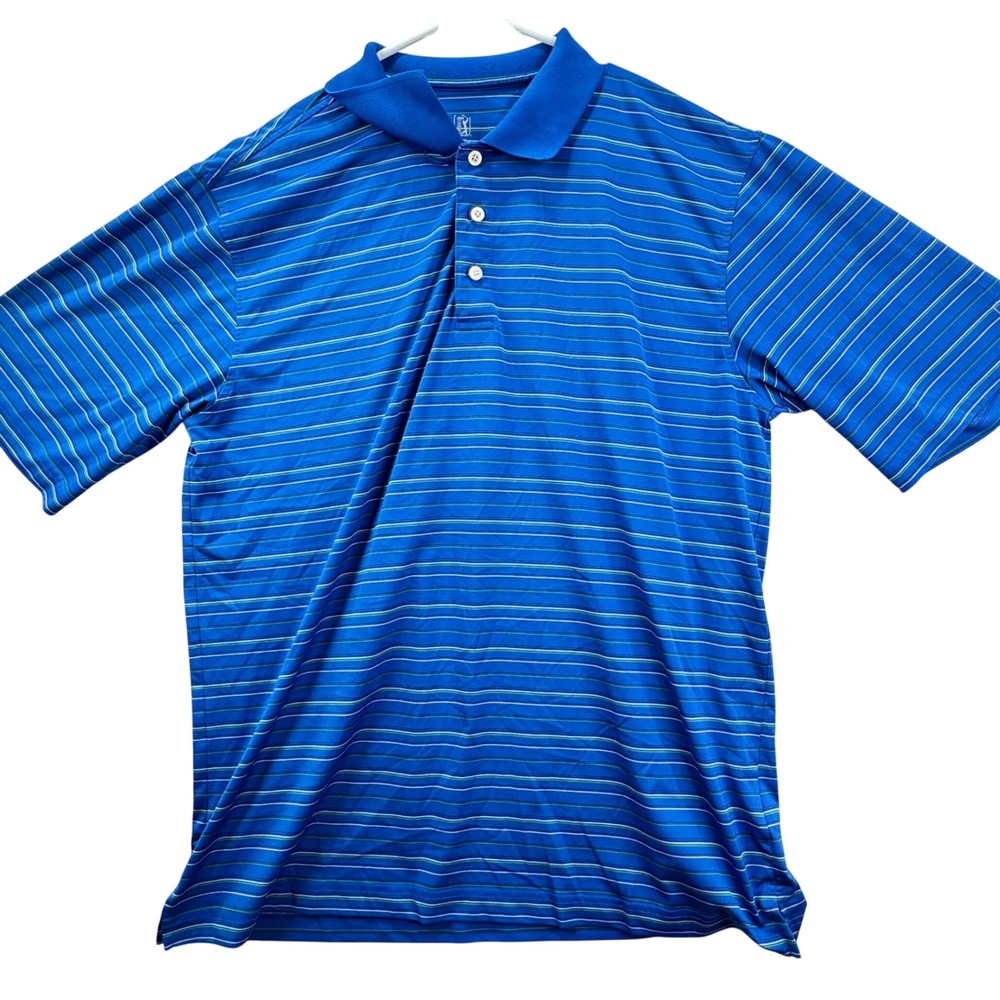 PGA Tour Polo Shirt Mens Large Blue Striped Performance Golf Athletic